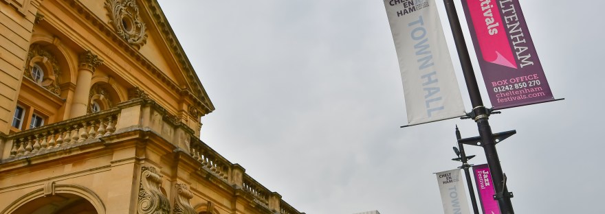 Lamppost banners outside Cheltenham Town Hall