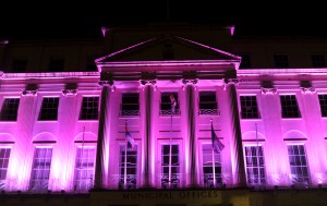 Front facade of Municipal Building in purple light