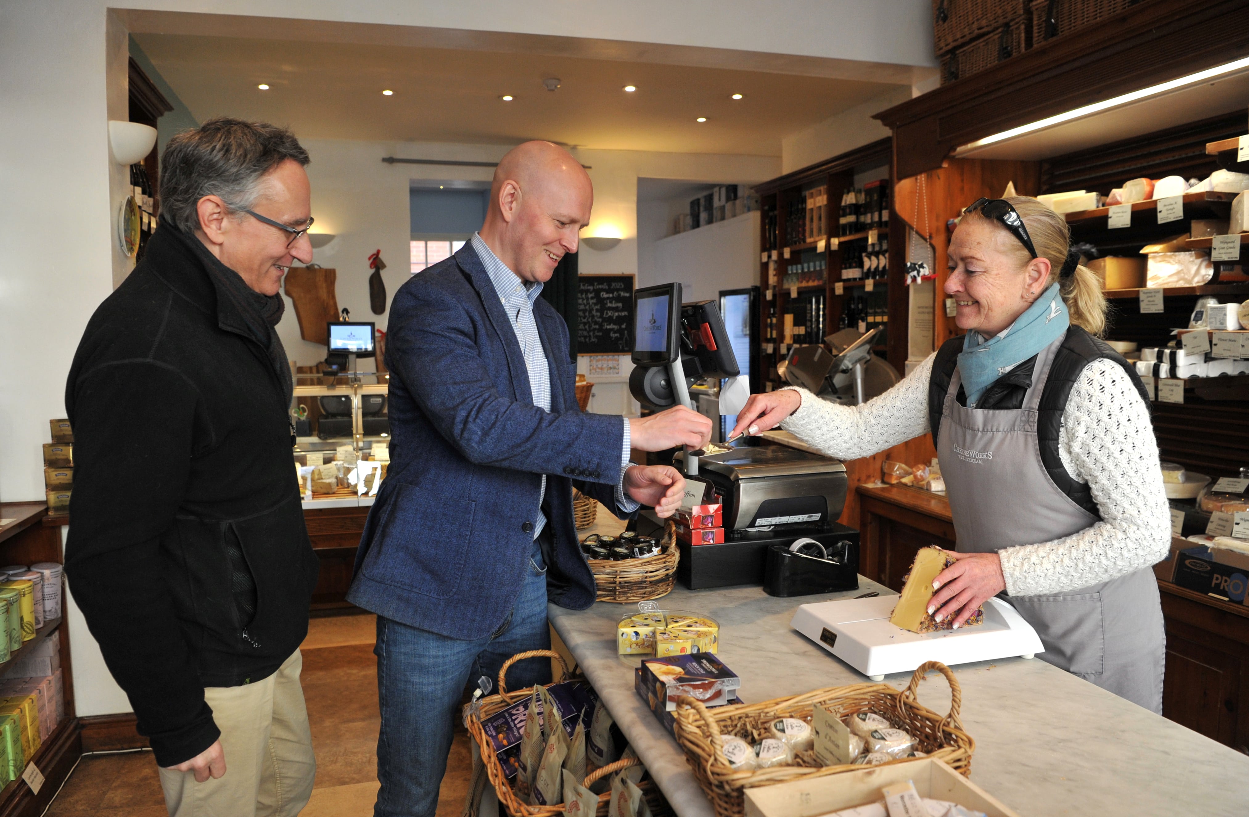 Cheeseworks on Regent Street: (l-r) Councillor Martin Horwood, Max Wilkinson MP, Caroll Haggie from Cheeseworks
